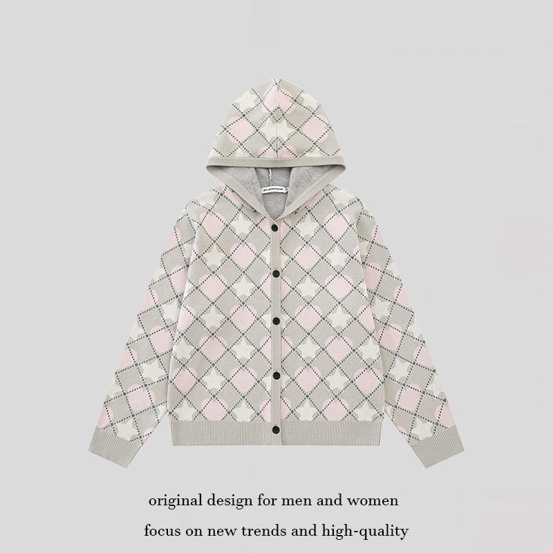 Ladies Knit Hooded Jacket with Diamond Jacquard and Button Placket Chichicherry