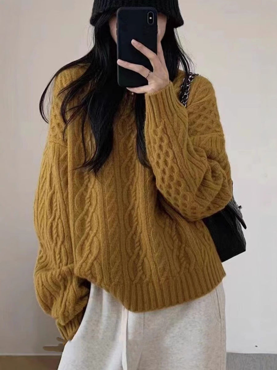 Women Oversize Cable Knit Sweater with Round Neck and Casual Shoulder Area Chichicherry