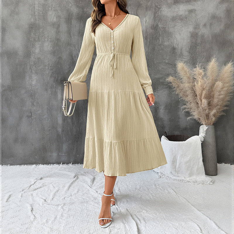 Women's Crinkle Midi Dress with V-Neck, Waistband and Ruffle Hem