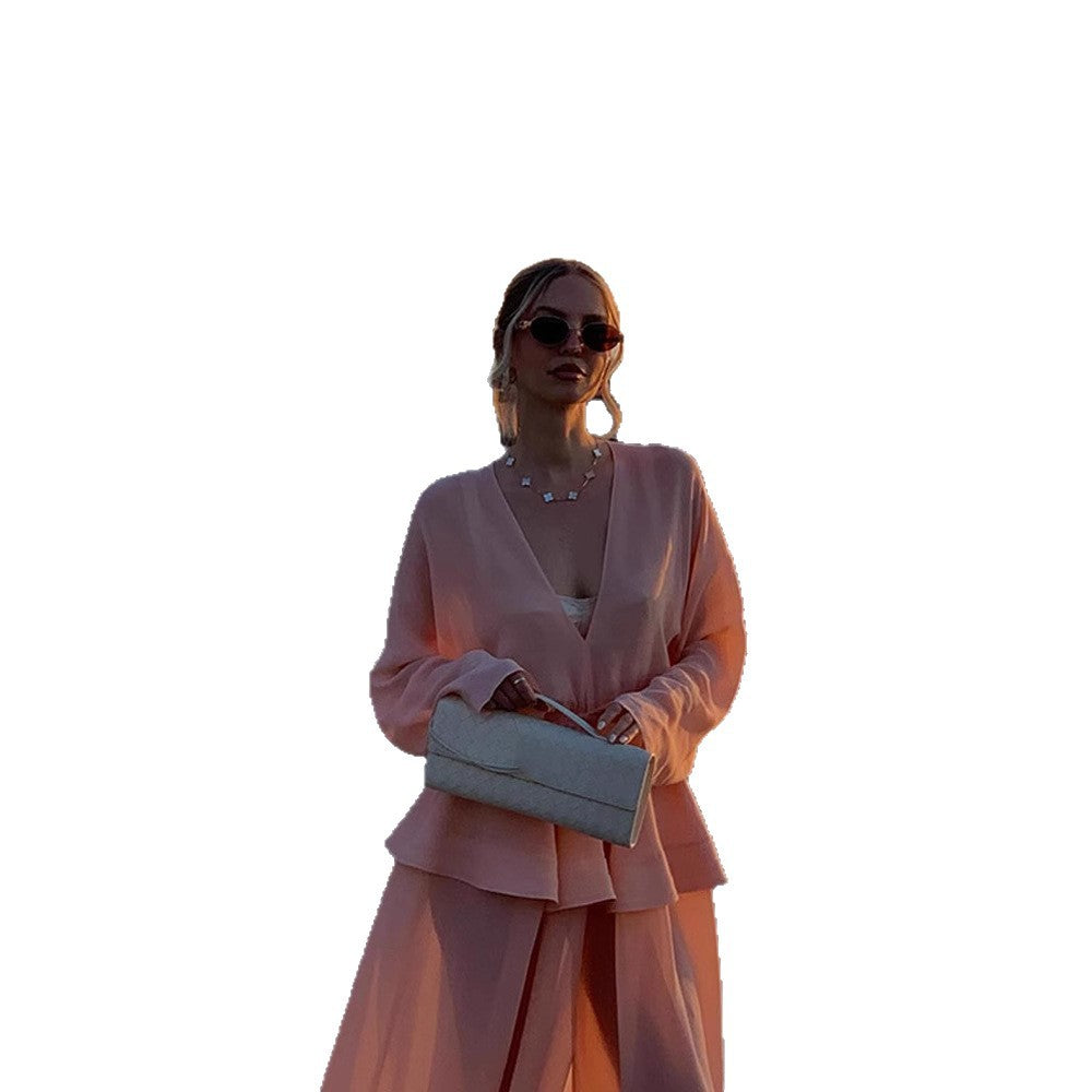 Women Two-Piece Chiffon Set with V Neck, Voluminous Sleeves and Pleated Maxi Skirt Chichicherry