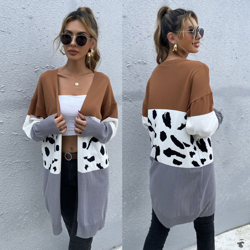 Women's Long Open Cardigan with Colorblock and Dalmatian Jacquard Pattern