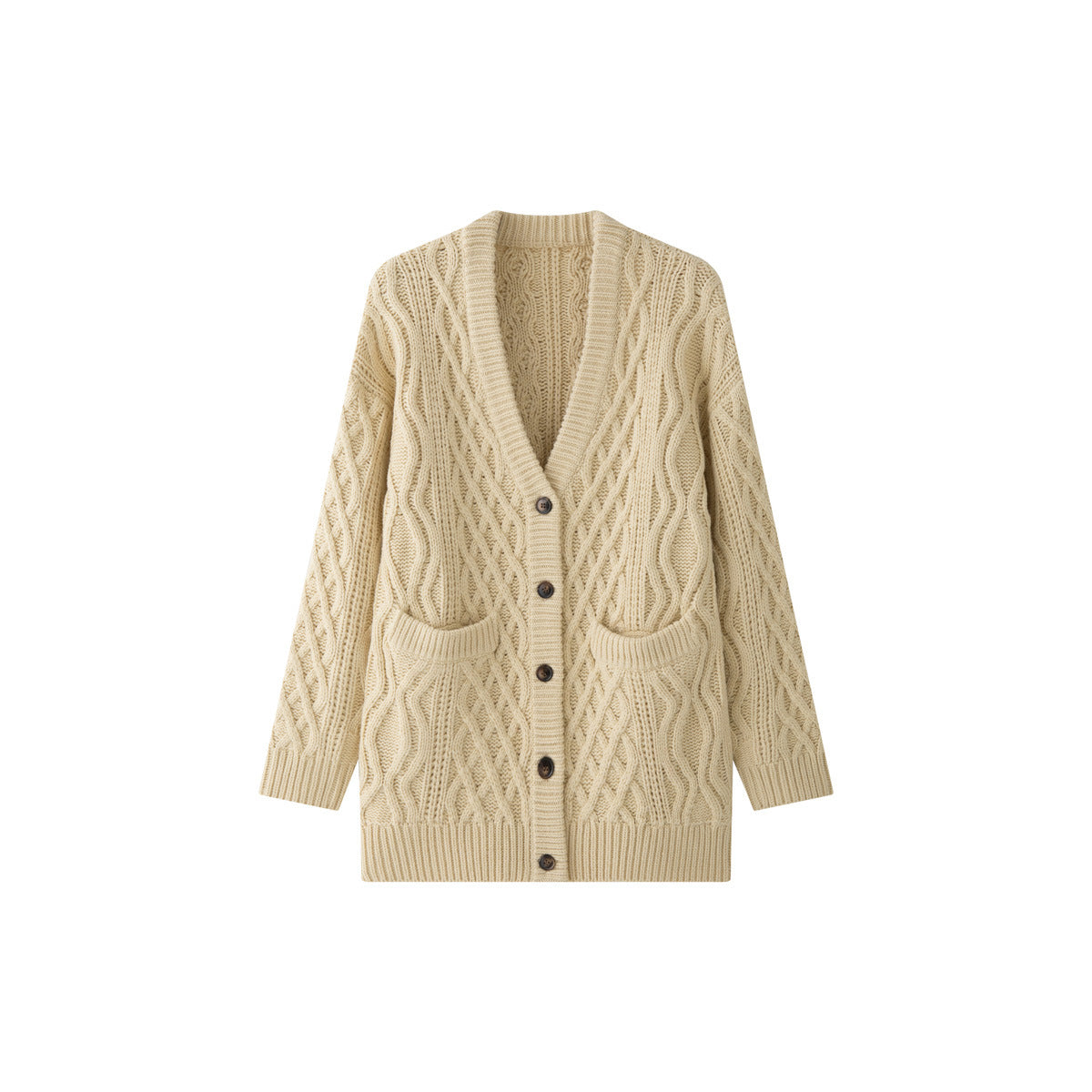 Ladies Oversize Knit Cardigan with Cable Pattern, Patch Pockets and Button Placket Chichicherry