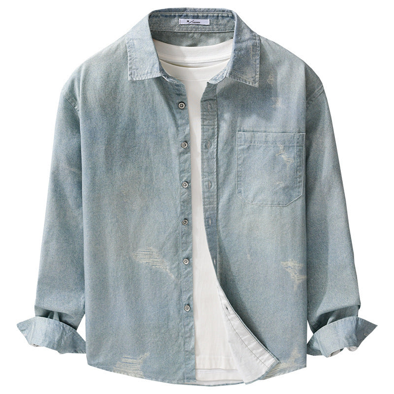 Men's Denim Overshirt with Used Effect and Chest Pocket Chichicherry