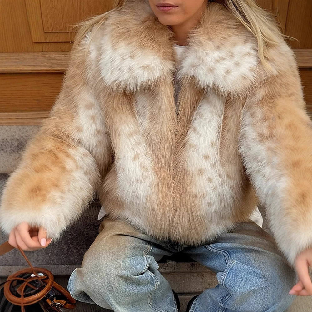Women's Boxy Faux Fur Jacket with Two-Tone Shag Look and Notched Collar Chichicherry