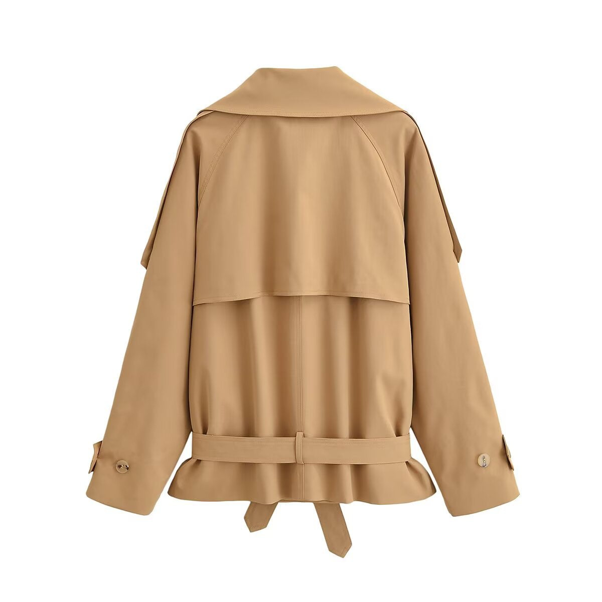 Women's Short Trench Coat with Cap Collar, Shoulder Tabs and Bow Tie Waist Belt Chichicherry