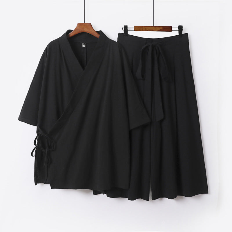 Women's Kimono Loungewear Set made of light viscose with wrap top and wide culotte skirt Chichicherry