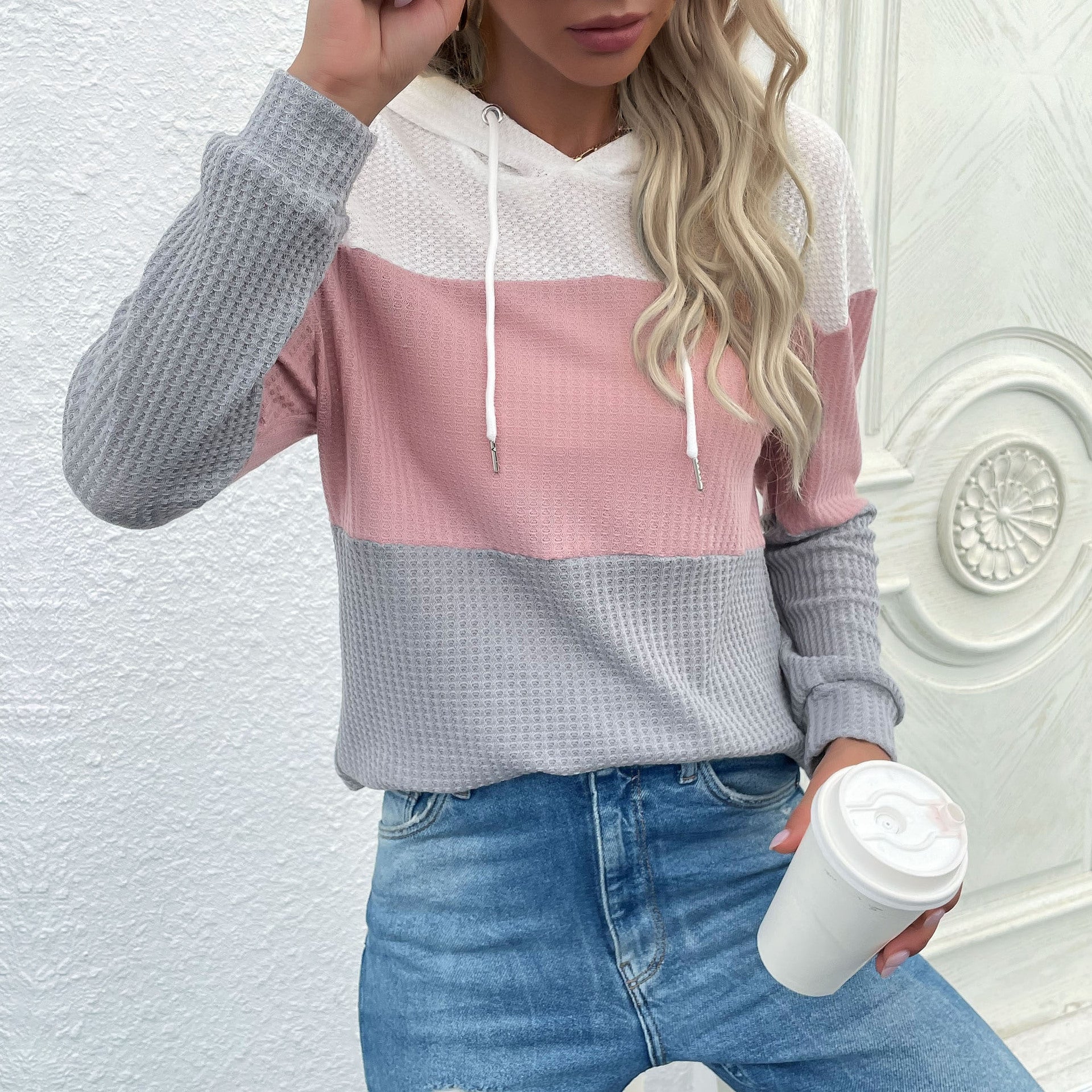 Women's Casual Knit Hoodie with Colorblock, Drawstring and Fine Waffle Pattern Chichicherry