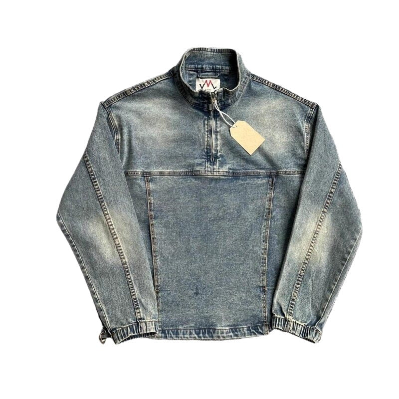 Herren Denim-Pulloverjacke im Vintage-Look mit Halbzip und Stehkragen Chichicherry