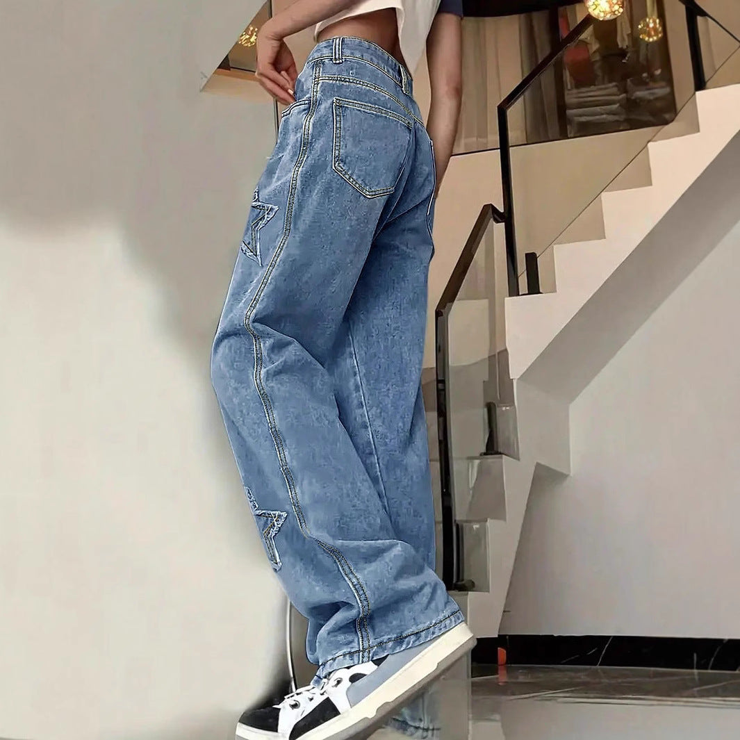 Women's extra-wide baggy jeans made of lightweight denim with star appliqués and extended silhouette Chichicherry