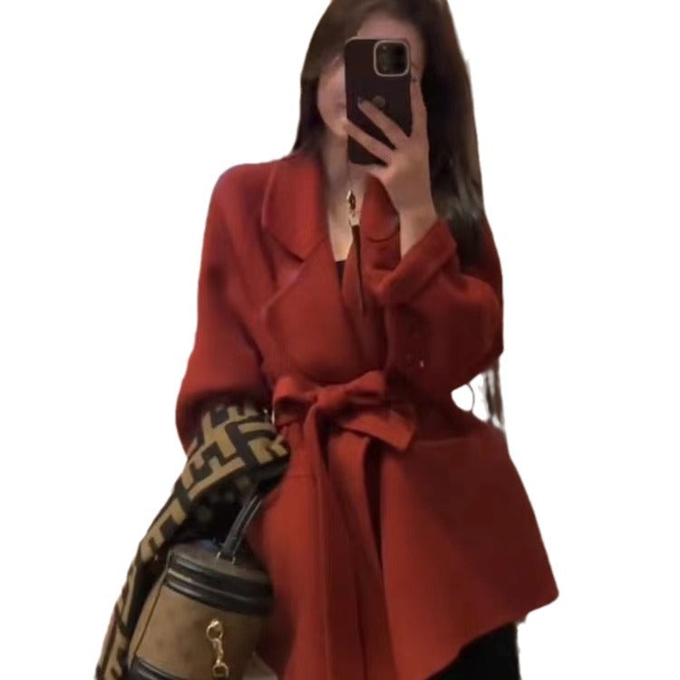 Ladies Short Wrap Coat made of Wool Mix with Ties and Wide Lapels Chichicherry