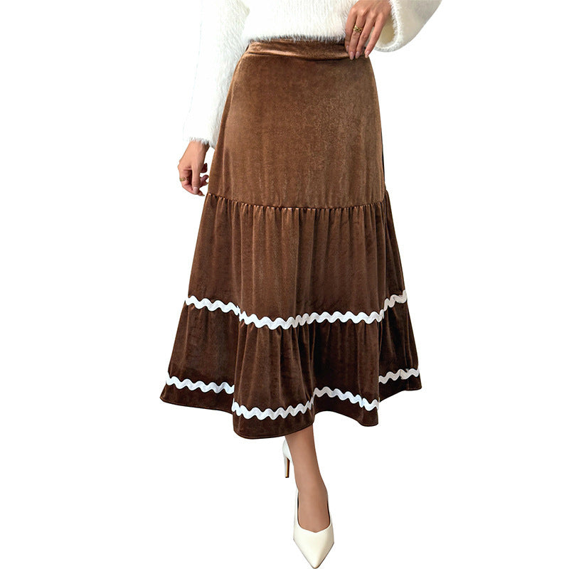 Women's Tailored Velvet Midi Skirt with Tiered Ruffles and Trimming Chichicherry
