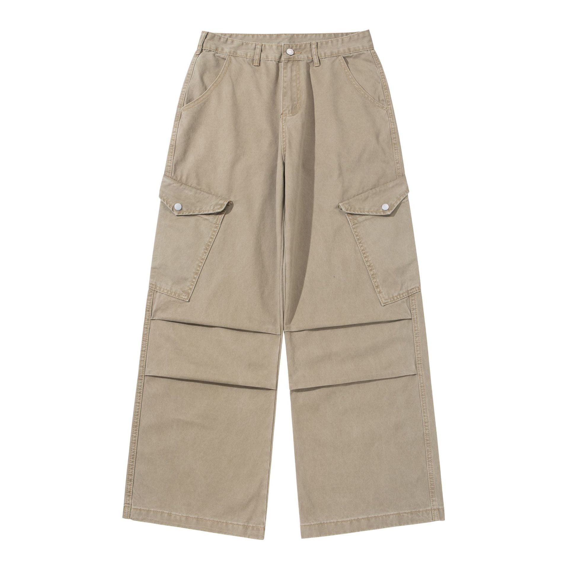 Women's wide cargo pants made of cotton twill with a high waist and patch flap pockets.