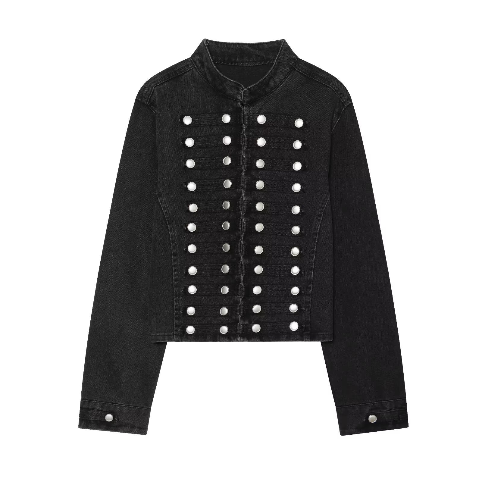 Ladies short cut denim jacket in military style with stand-up collar and decorative button rows Chichicherry