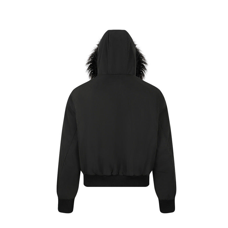 Women short-cut padded bomber jacket with faux fur hood and applied label patches Chichicherry