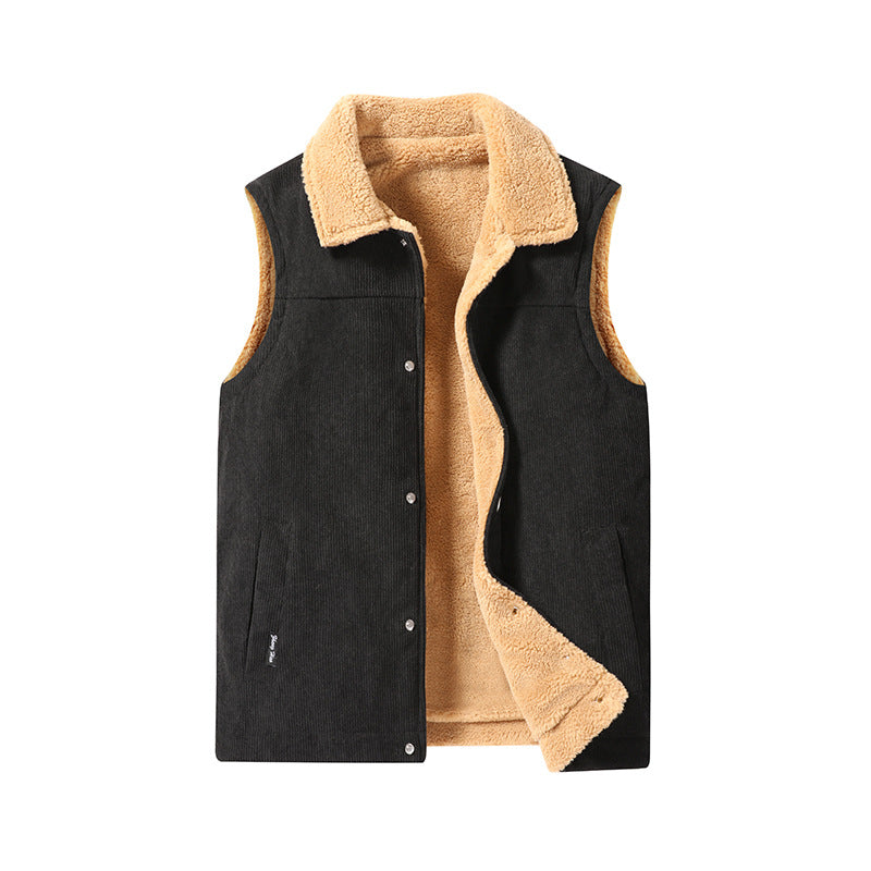 Men's Sleeveless Cord Utility Vest with Teddy Lining and Snap Button Front Chichicherry