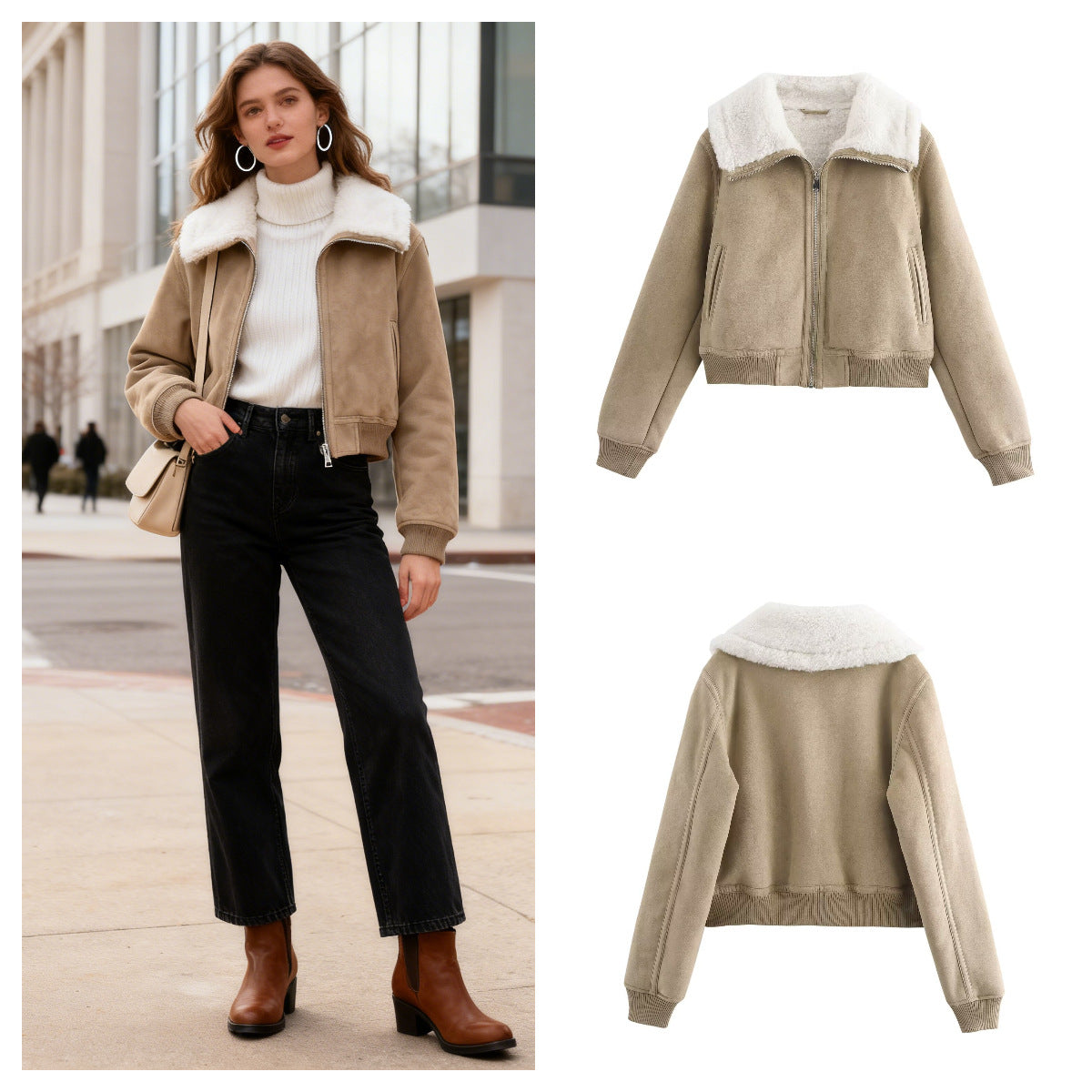 Women's short-cut faux suede bomber jacket with teddy lining, zip and ribbed cuffs Chichicherry