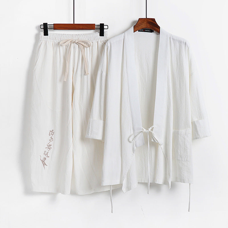 Unisex Lightweight Kimono Loungewear Set made of Cotton-Linen with Embroidered Harem Pants and Tie Belt Chichicherry