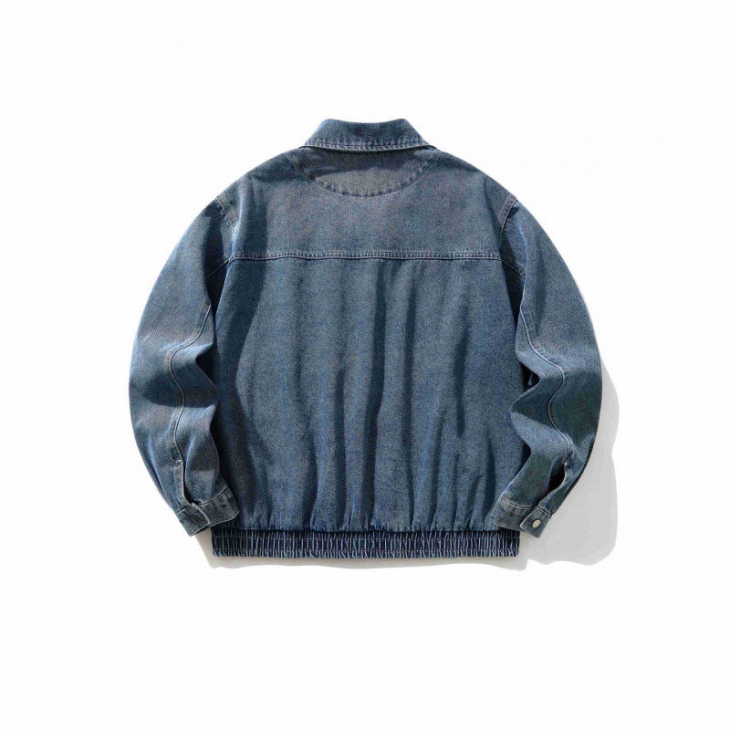 Men's Oversized Denim Jacket with Elastic Hem and Concealed Snap Button Placket Chichicherry