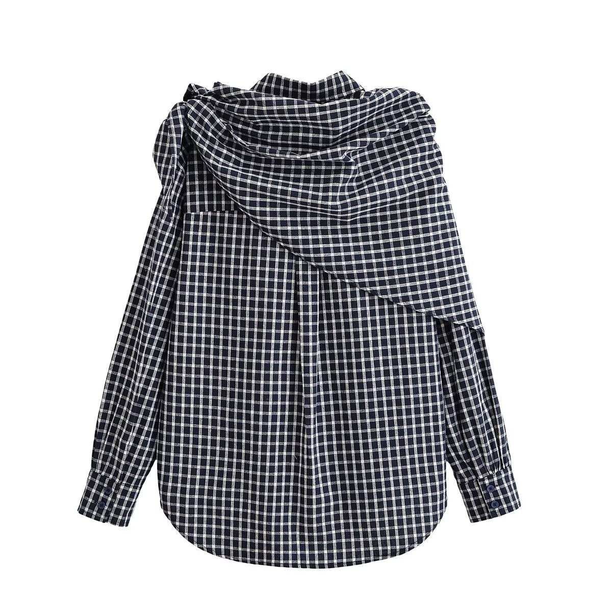 Women Asymmetrical Check Blouse with Integrated Scarf and Button Placket Chichicherry