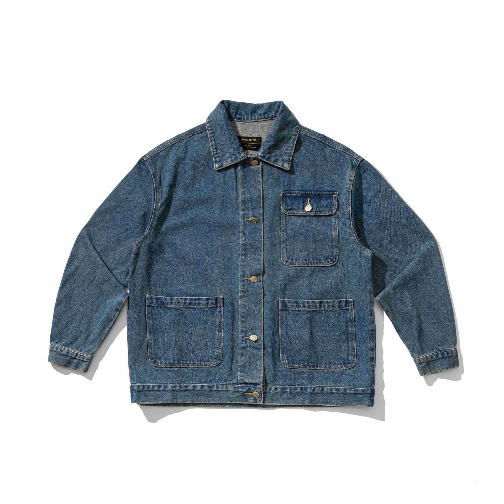 Unisex Robustess Denim Workwear Blouson with Shirt Collar and Large Flap Pockets Chichicherry