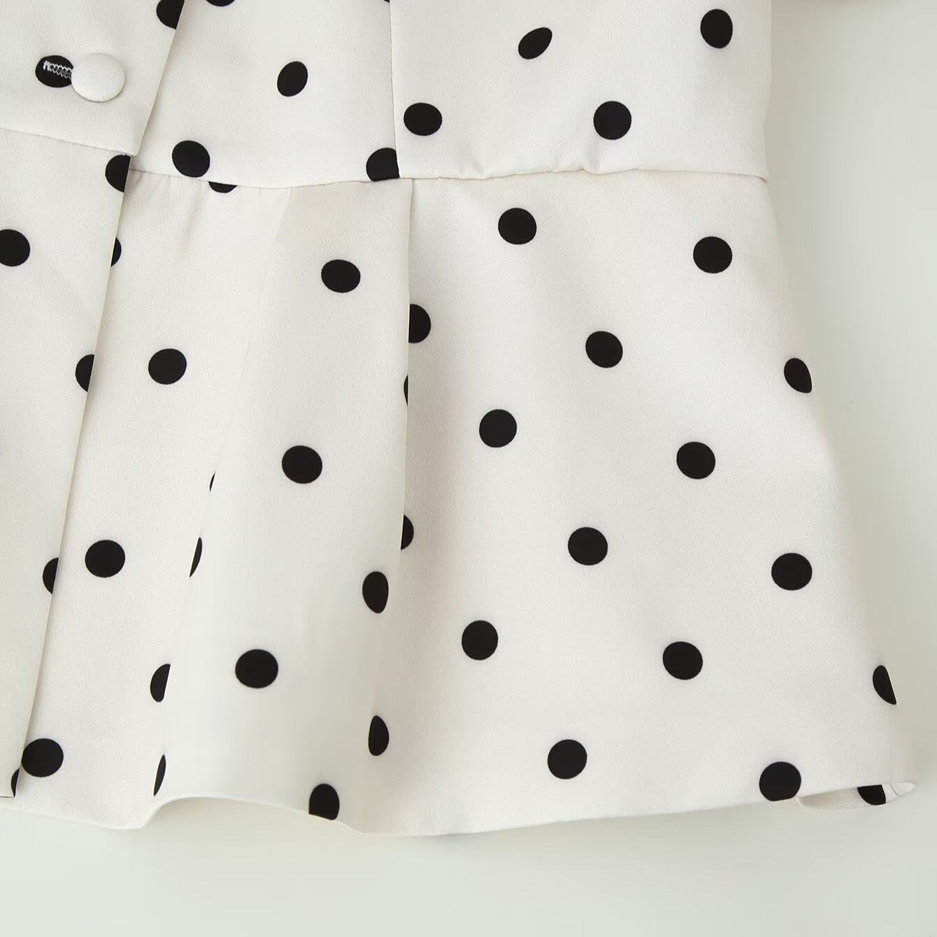 Women's Polka Dot Blouse with Stand Collar, Puff Sleeves, and Peplum Hem Chichicherry