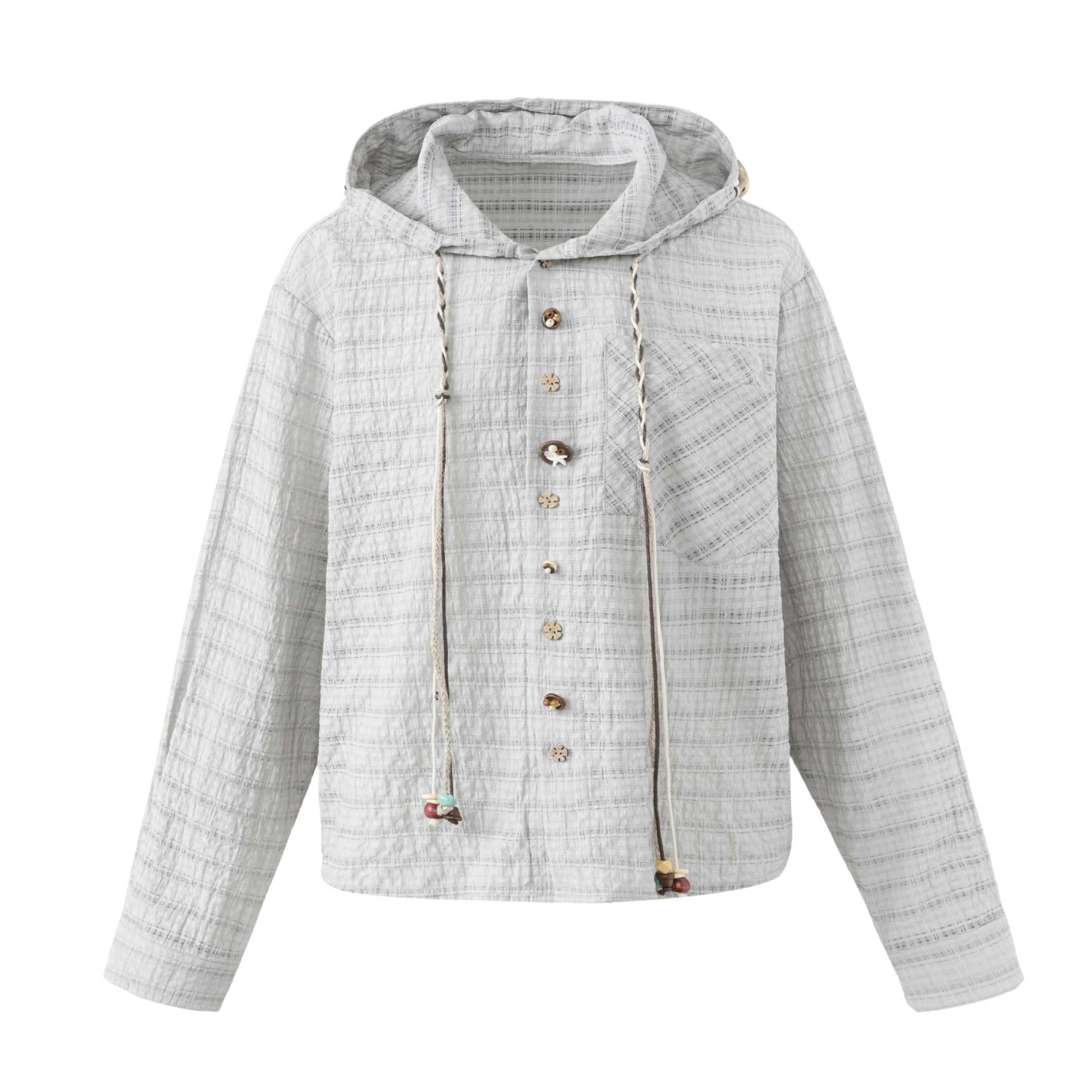 Women's Lightweight Hooded Jacket in Boxy Cut with Wooden Button Closure Chichicherry