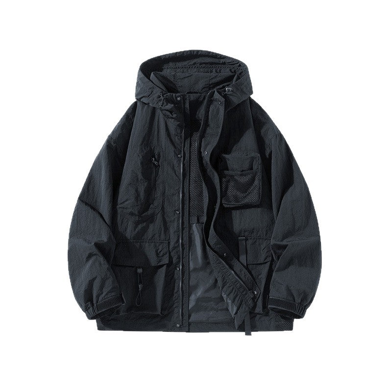 Men's Technical Utility Outdoor Jacket with Hood, Multifunction Pockets and Mesh Lining Chichicherry