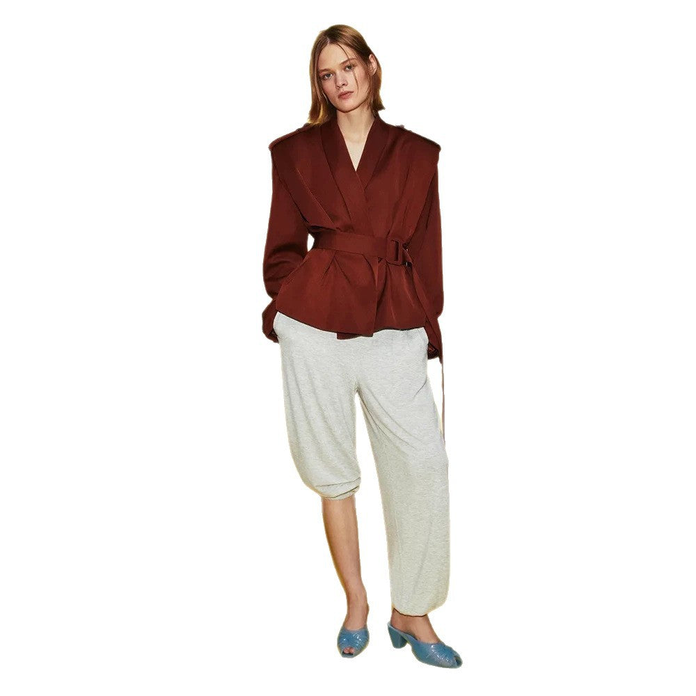 Women Tailored Wrap Blazer with Wide Belt and Decorative Epaulettes Chichicherry