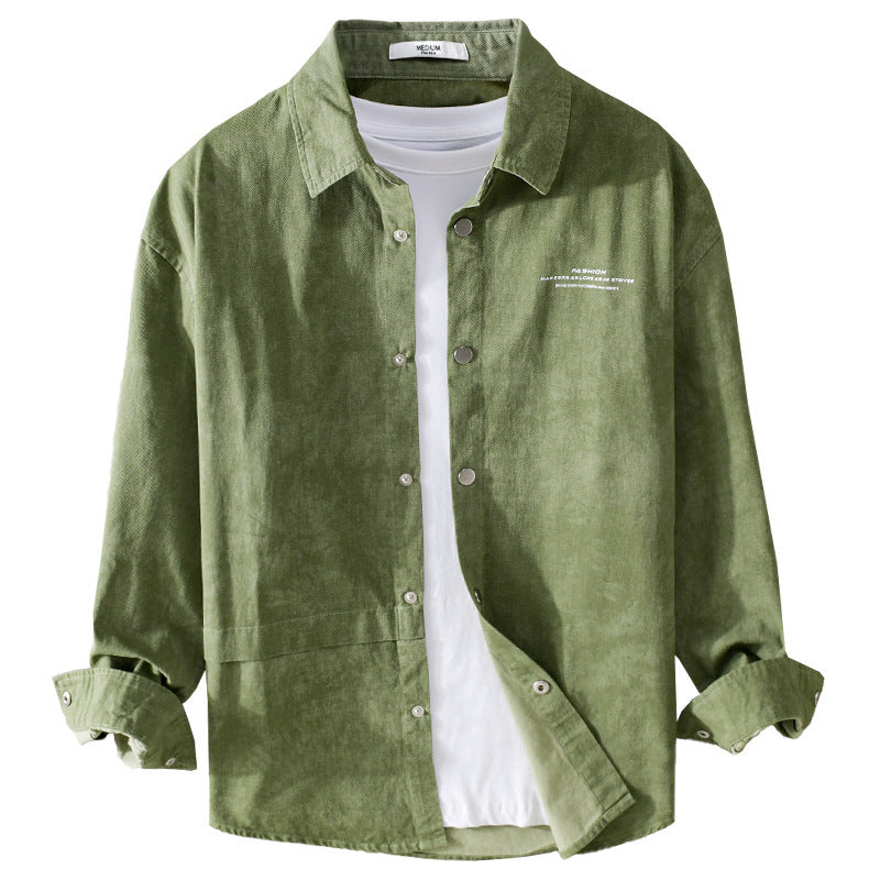 Men's Velvety Cord Overshirt with Snap Button Placket and Relaxed Fit Chichicherry