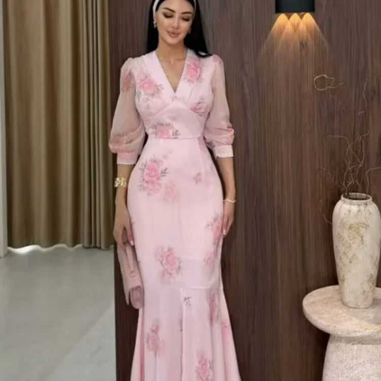 Ladies Elegant Maxi Dress in Mermaid Cut with V-Neck and Transparent Puff Sleeves Chichicherry