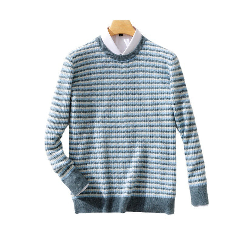 Men's fine-structured striped round neck pullover made of wool blend with ribbed cuffs Chichicherry