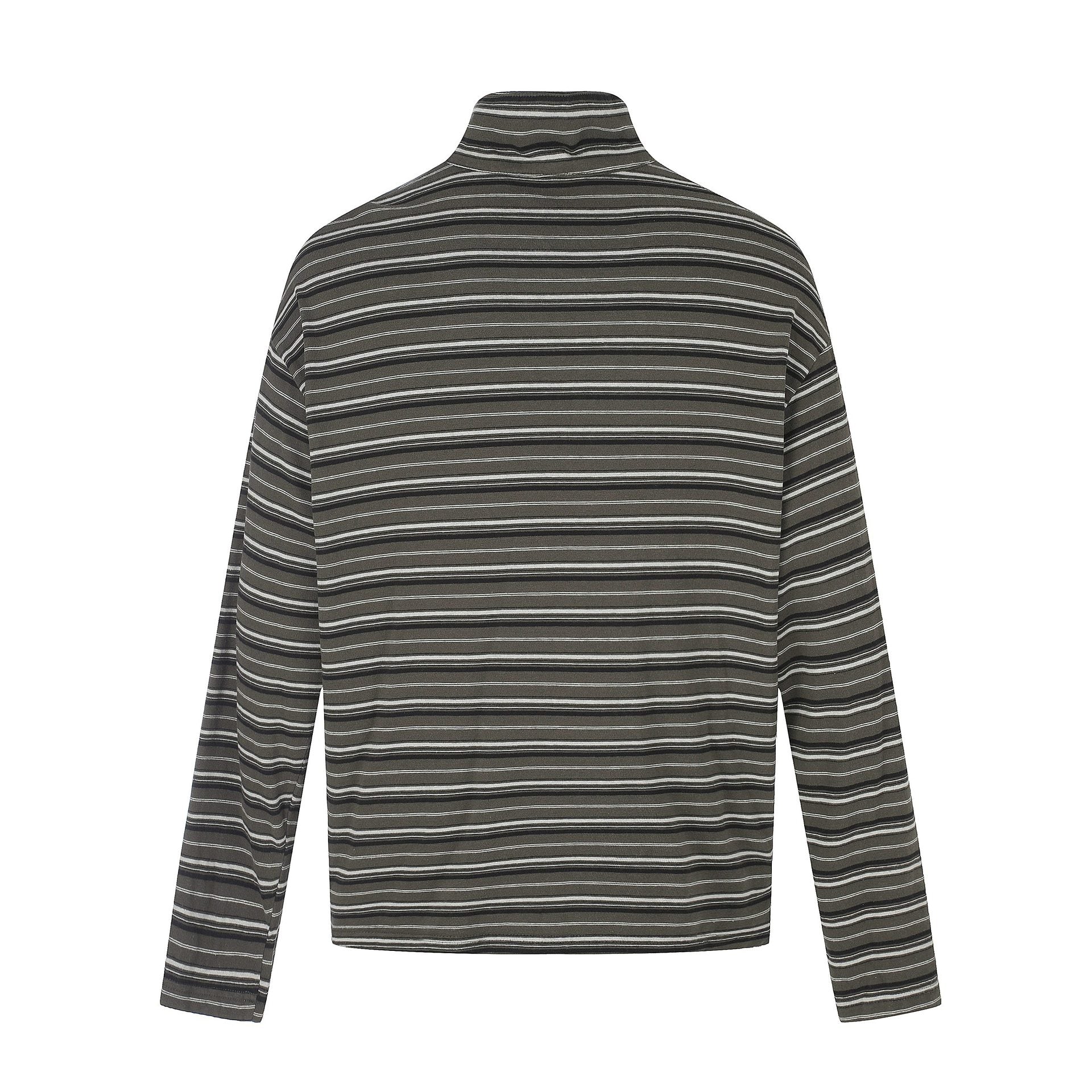 Men's fine striped henley with high stand-up collar, full button placket, and boxy cut Chichicherry
