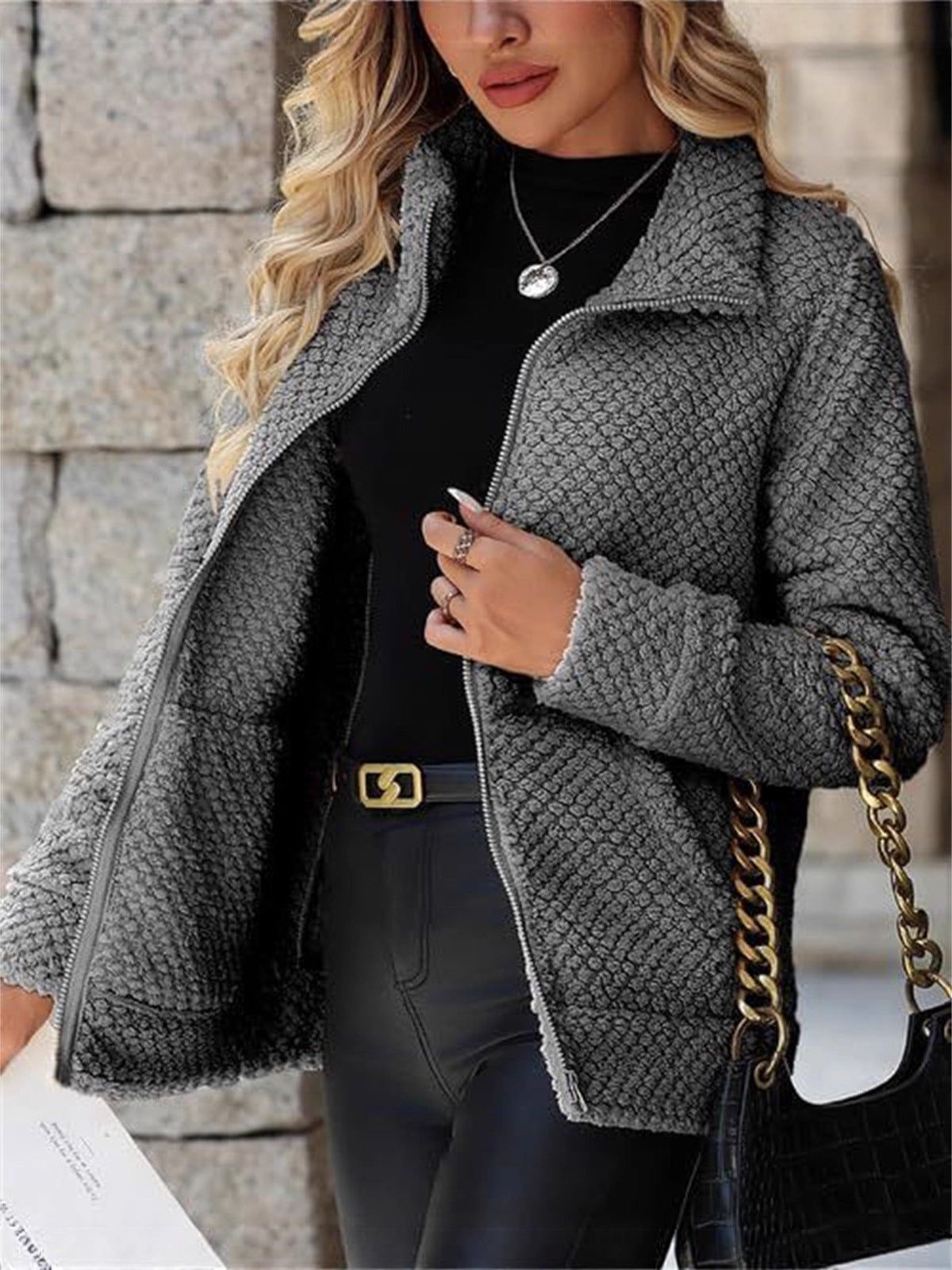 Women's teddy fleece jacket with zipper and stand-up collar Chichicherry