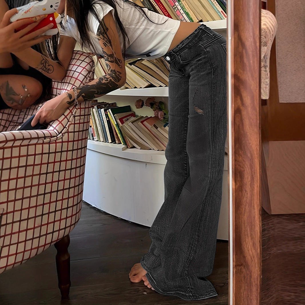 Women's High-Waisted Flared Jeans with Bell Bottoms, Subtle Embroidery & Extended Hem Chichicherry