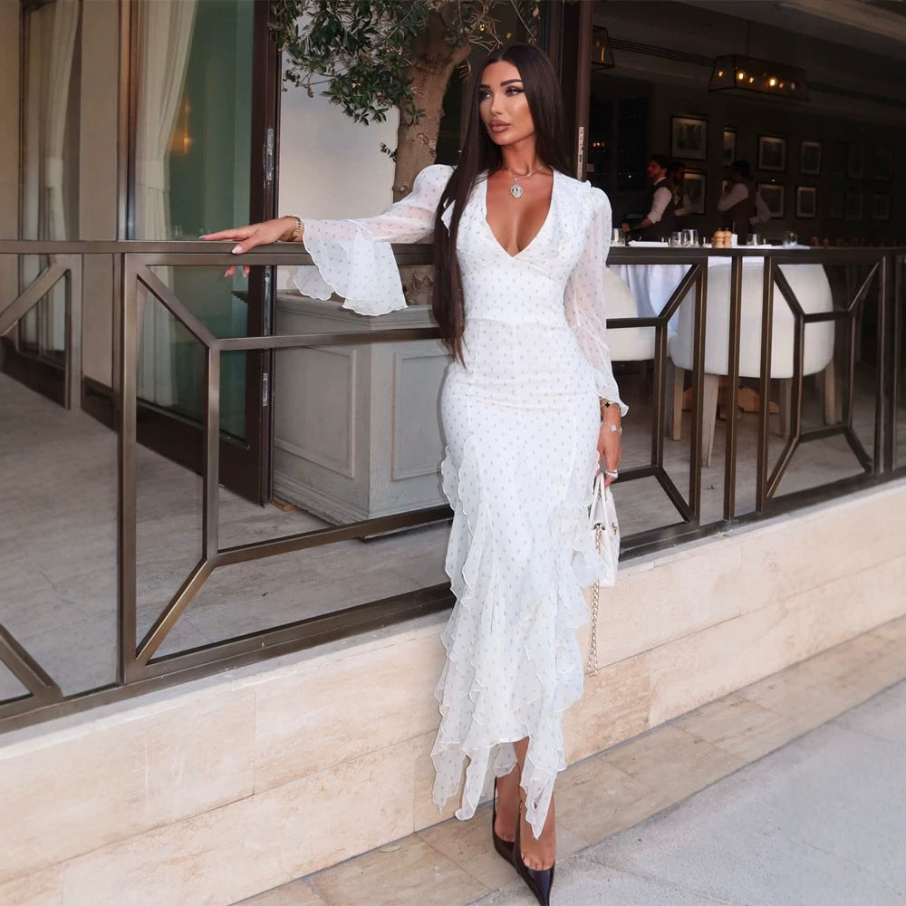 Women's chiffon maxi dress with deep V-neck, transparent bell sleeves and tiered ruffles Chichicherry