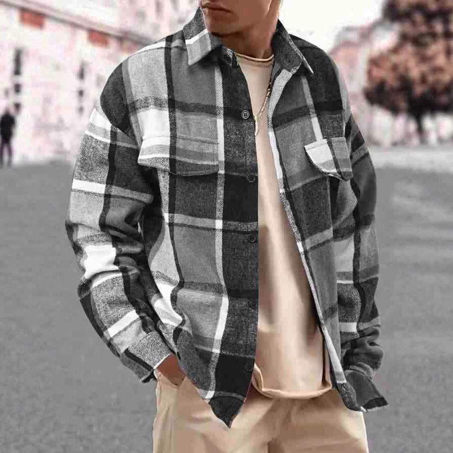 Men's Checked Flannel Shirt Jacket with Chest Pockets and Button Placket Chichicherry