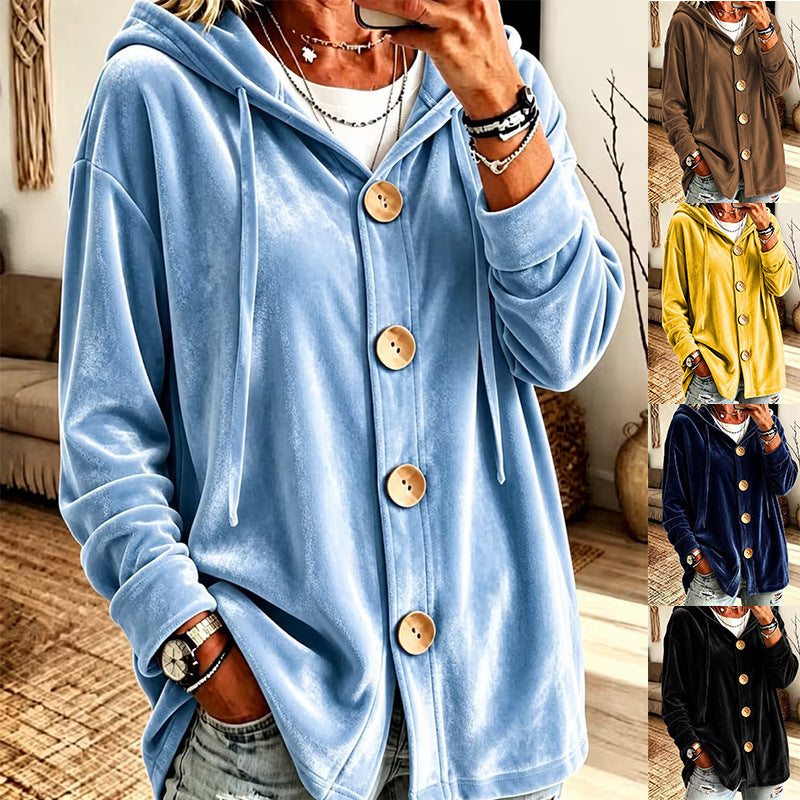 Women's Oversize Hooded Velvet Jacket with Large Wooden Buttons and Soft Velour Lining Chichicherry