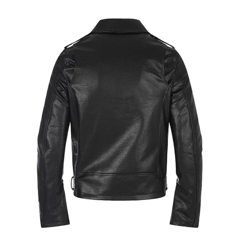 Men's tailored biker jacket made of synthetic leather with asymmetric zipper and studded waist belt Chichicherry