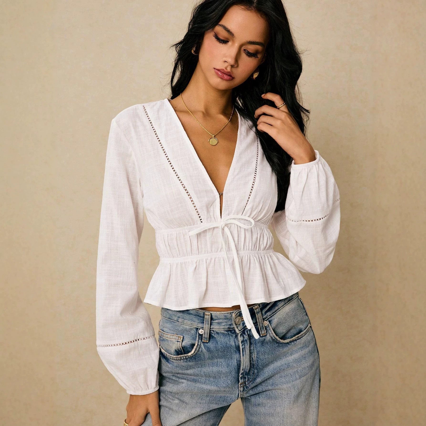 Women Deep Cut Blouse with Drawstring Waist, Ruffled Hem and Decorative Hole Embroidery Chichicherry