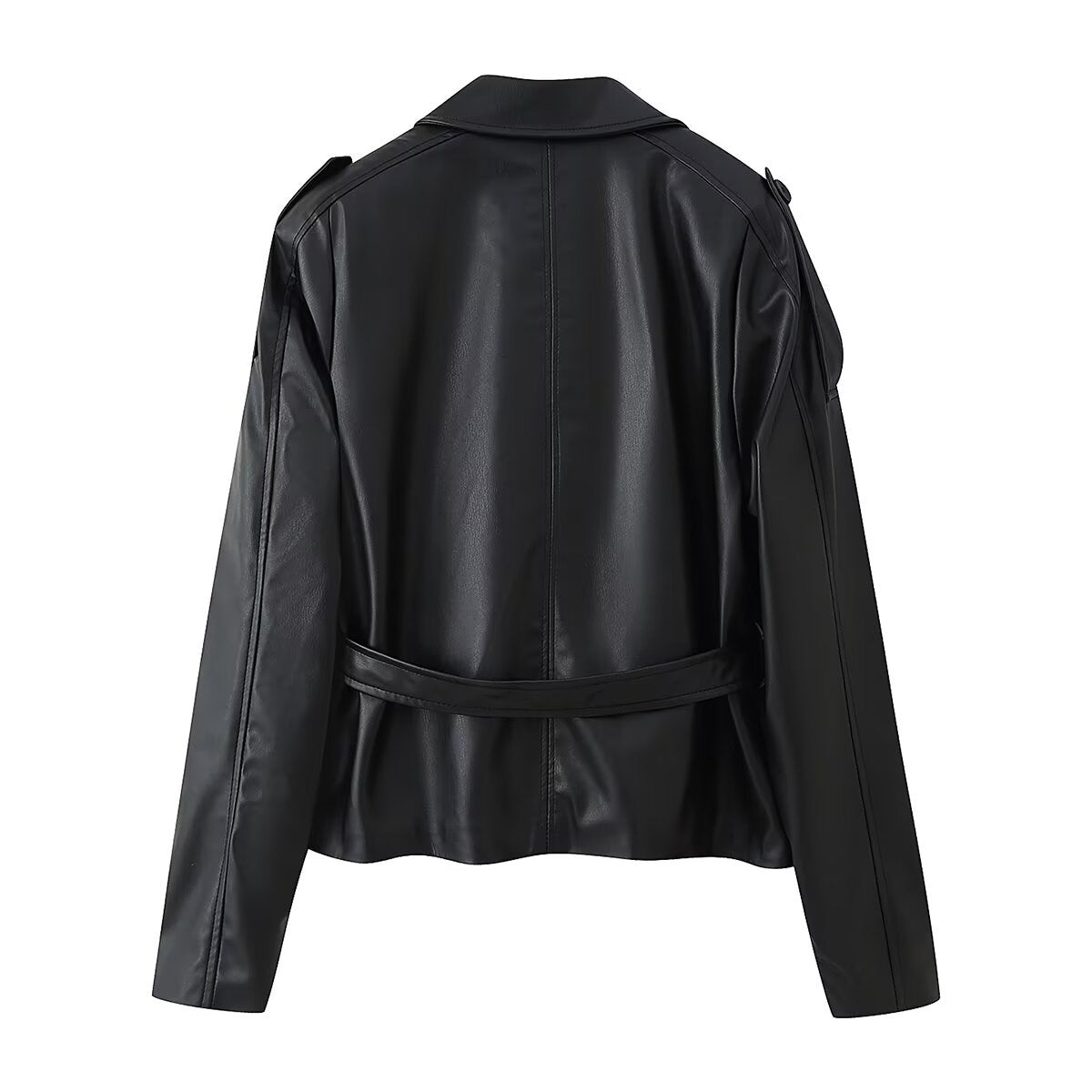 Women's Short Tailored Faux Leather Jacket with Ties and Shirt Collar Chichicherry