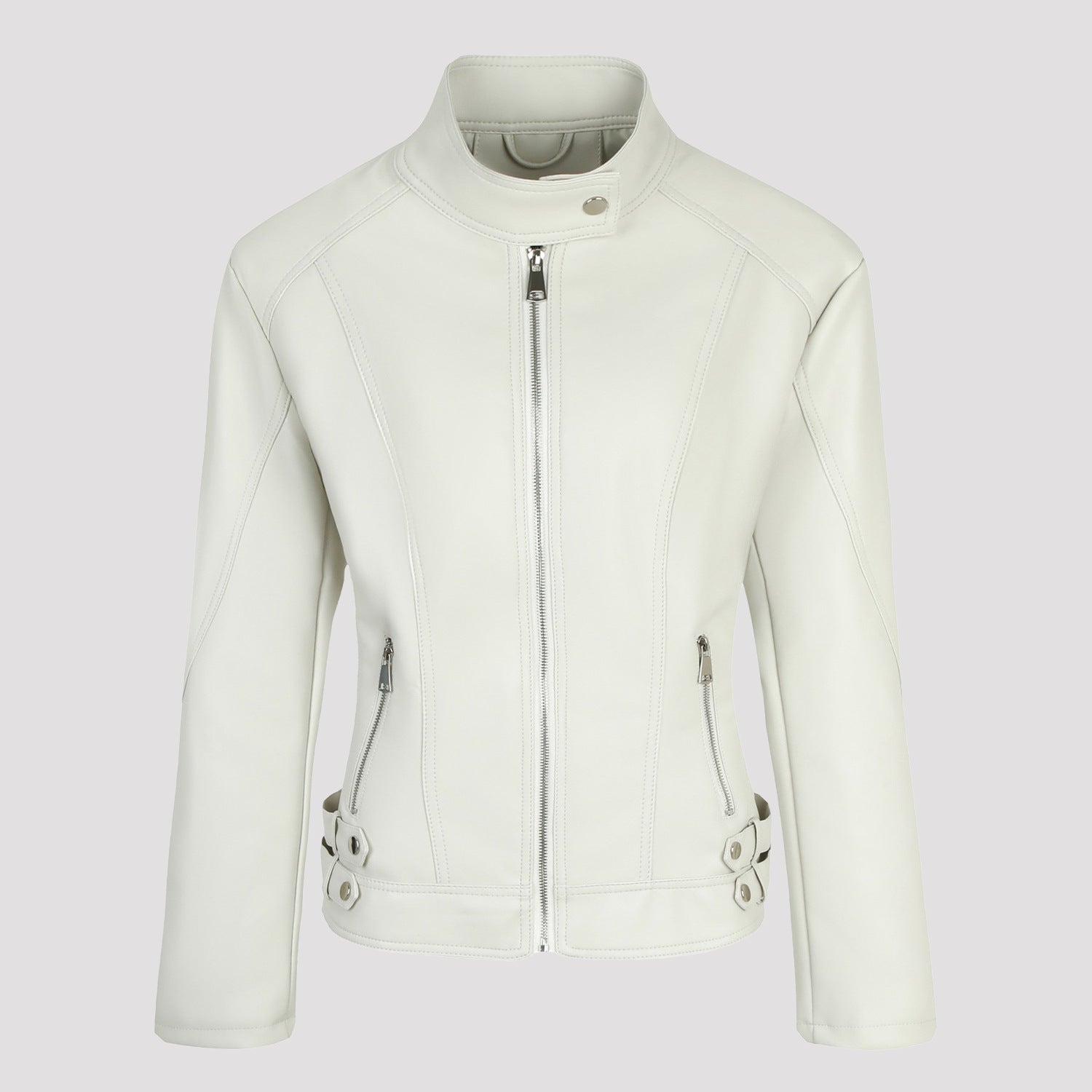 Ladies Tailored Faux Leather Biker Jacket with Stand-Up Collar, Vertical Decorative Seams and Side Buckle Straps Chichicherry