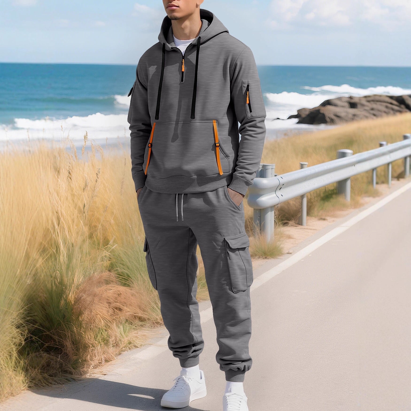 Men's hooded sweatshirt with utility pockets, half-zip and contrasting zippers Chichicherry