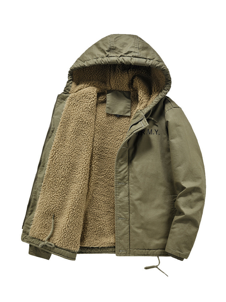 Men's military-inspired thermal hoodie jacket with teddy-sherpa lining and drawstring Chichicherry