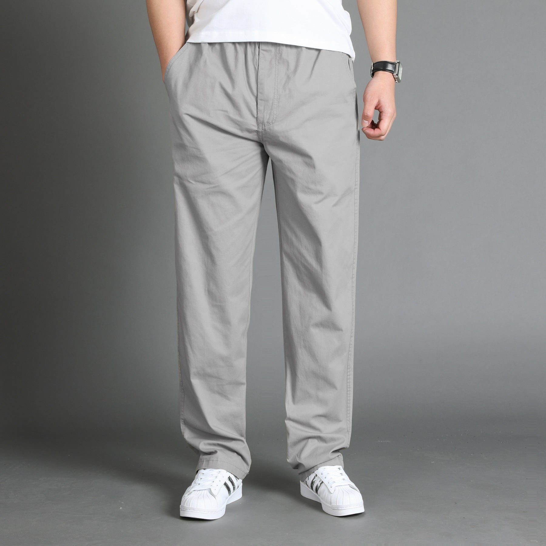 Men's Casual Canvas Chino Pants with Elastic Drawstring Waistband, Patch Pockets & Straight Leg Chichicherry
