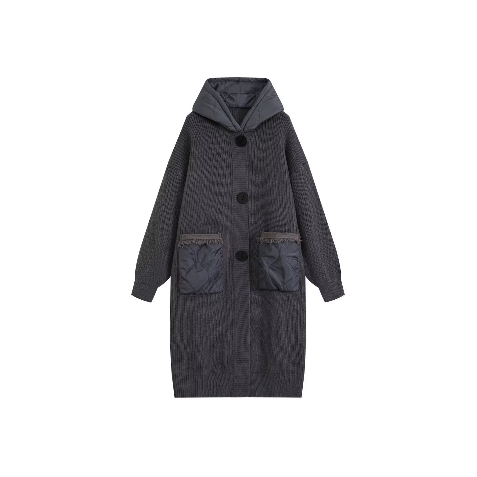 Women Long Oversized Knit Coat with Quilted Hood and Patch Quilted Pockets Chichicherry