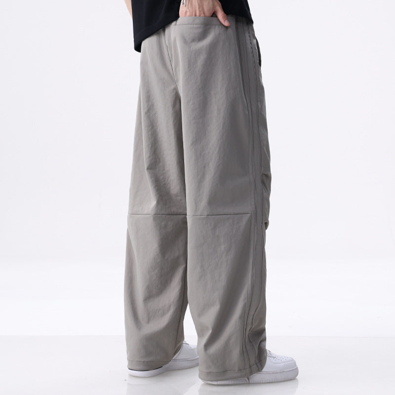 Men's Wide Cargo Pants with Drawstring, Knee Panels and Side Decorative Stripes Chichicherry