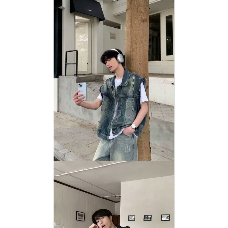 Herren Denim-Weste im Vintage-Used-Look mit Destroyed-Taschen und kastiger Passform Chichicherry