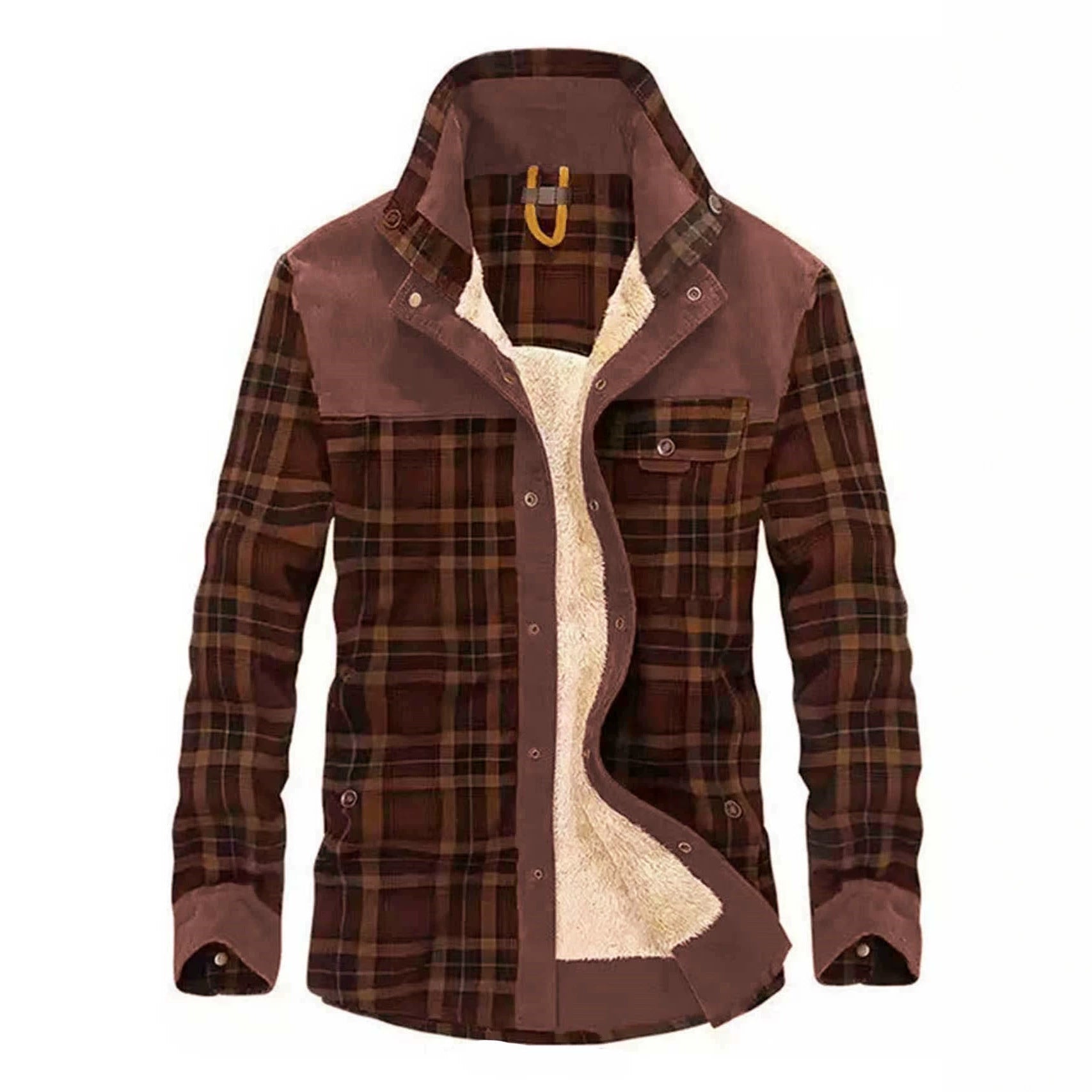 Men's Checkered Shirt Jacket with Teddy Lining and Suede Imitation Trimming Chichicherry