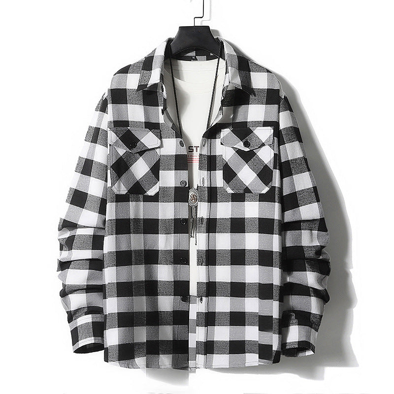 Men's Checked Flannel Shirt Jacket with Chest Pockets and Relaxed Fit Chichicherry
