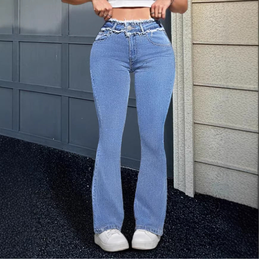 Women's High-Waisted Flared Jeans with Frayed Waistband and Center Stitch Chichicherry